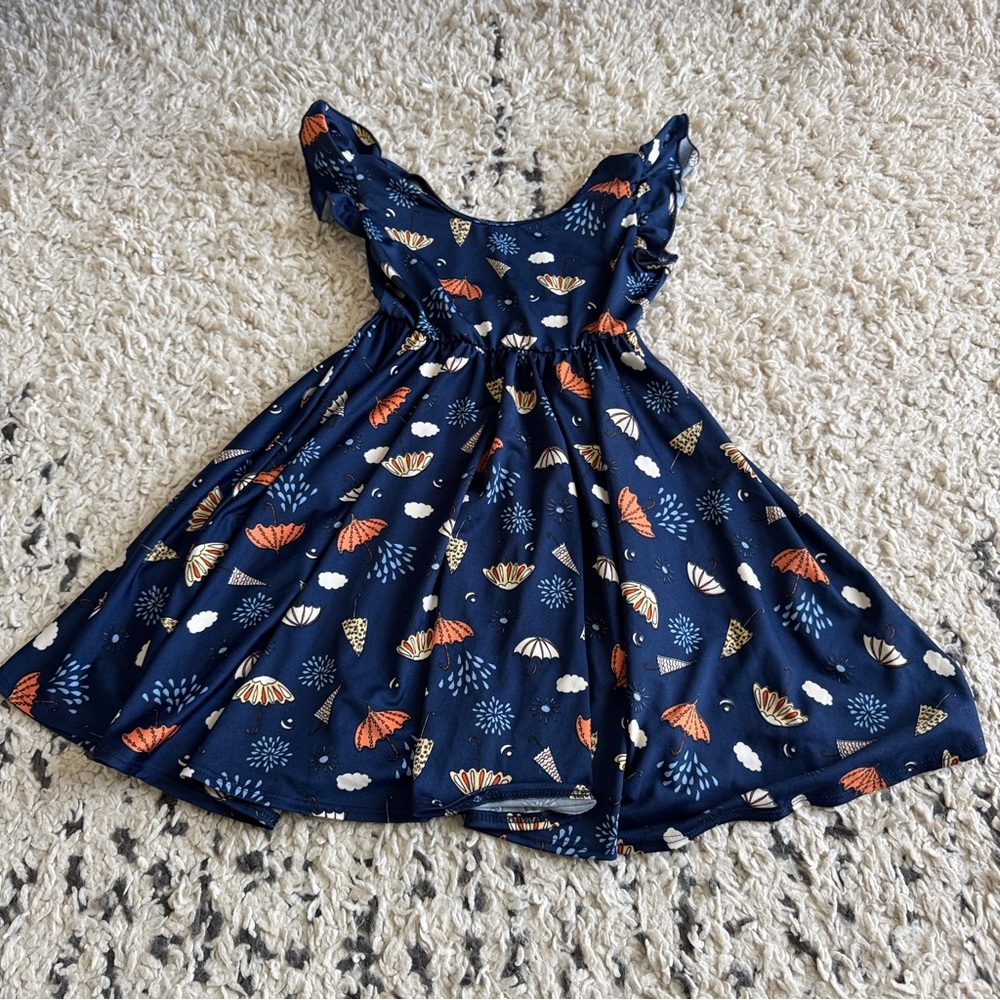 NFS Dot Dot Smile Sz 3/4 Navy Blue Rain/Umbrella Twirly Dress